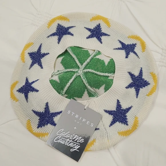 HBC Stripes + Color Me Courtney shimmer stars pompom beret hat - Picture 2 of 6